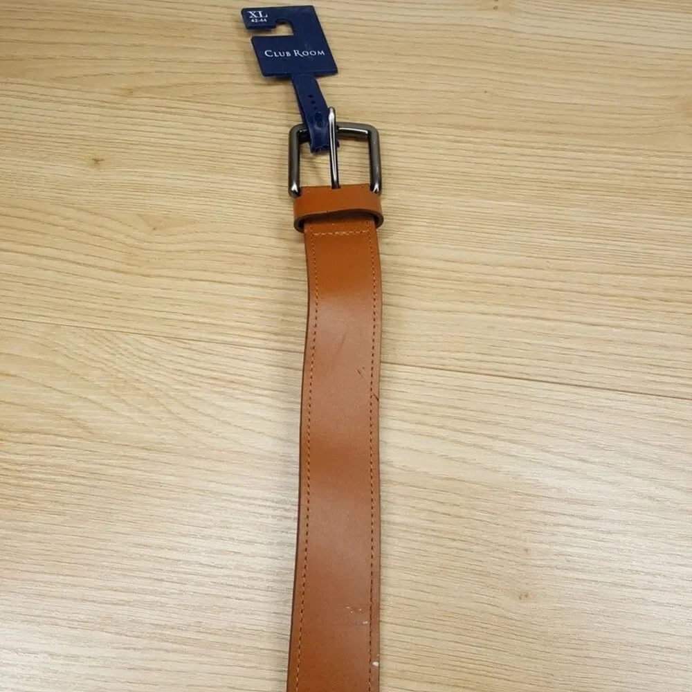 CLUB ROOM Belt Mens Size XL 42 44 Tan Faux Leather Silver Buckle Classic Dress
